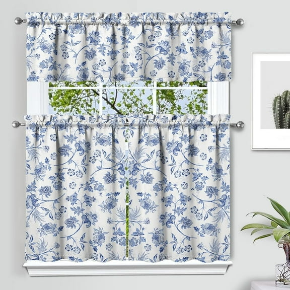 Blue Floral Kitchen Curtain Valance 3 Piece Set, French Farmhouse Kitchen Decor for Home Interior Decor, Blue and White Kitchen Curtains and Valance Set Short Curtain Sink Window Decor 36 Inch