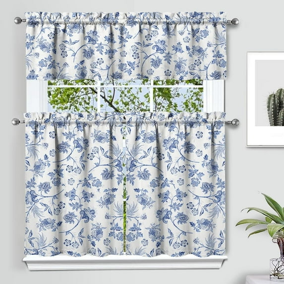 Blue Floral Kitchen Curtain Valance 3 Piece Set, French Farmhouse Kitchen Decor for Home Interior Decor, Blue and White Kitchen Curtains and Valance Set Short Curtain Sink Window Decor 36 Inch