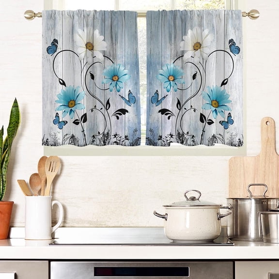 Blue Floral Kitchen Curtains, 27.5" W x 36" L, 2 Panels Rod Pocket | White and Black Farmhouse Window Drapes, Country Rustic Flower, Cute Vintage Daisy Butterfly, Boho Small Short Bathroom Tiers