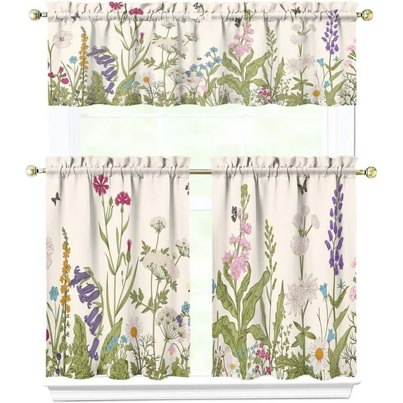 Blue Floral Kitchen Curtains 36 Inch Length，Floral and Birds Spring Set of 3,Vibrant Colors Spring Kitchen Window Curtains Over Sink for Brightens Blackout