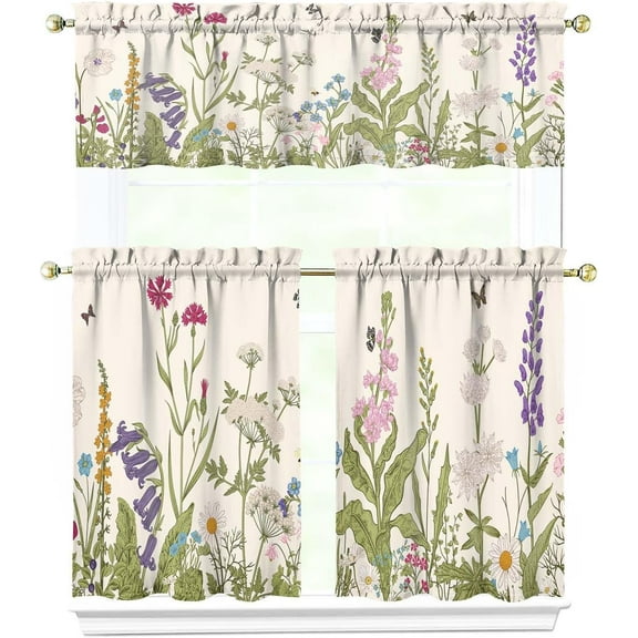 Blue Floral Kitchen Curtains 36 Inch Length，Floral and Birds Spring Set of 3,Vibrant Colors Spring Kitchen Window Curtains Over Sink for Brightens Blackout