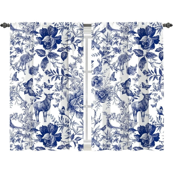 Blue Floral Kitchen Curtains Cafe Curtains for Bathroom Dining Room Living Room Pocket Window Drapes 2 Panels Set 28"x36"
