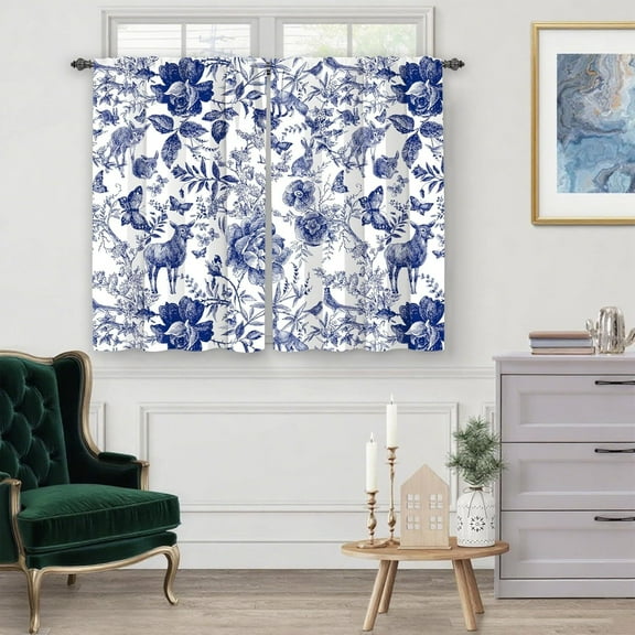 Blue Floral Kitchen Curtains Cafe Curtains for Bathroom Dining Room Living Room Pocket Window Drapes 2 Panels Set 28"x40"