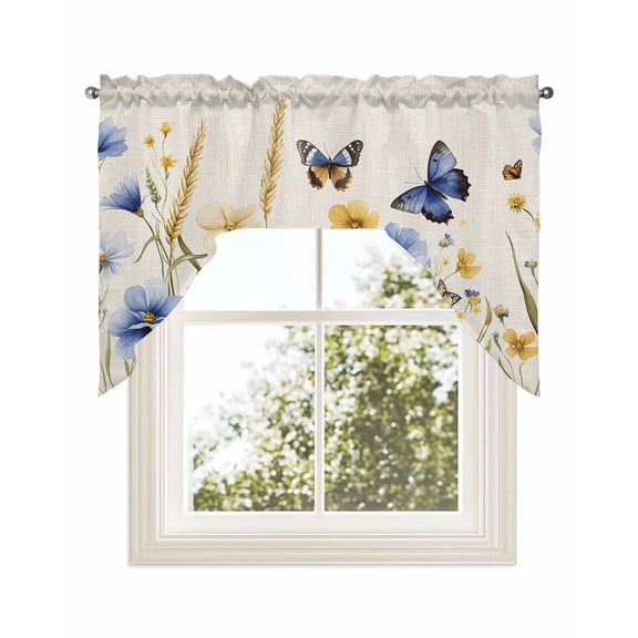 Blue Floral Kitchen Curtains Swag Valance for Windows/Bathroom/Cafe, Yellow Flower Butterflies Country Plant Rod Pocket Drape Panel Swag Curtains Valance for Bedroom/Living Room 56"x36"