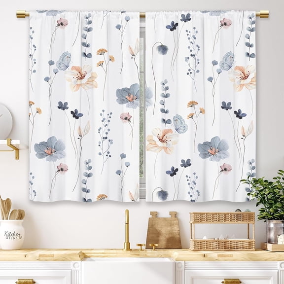 Blue Floral Kitchen Curtains Watercolor Flower Boho Small Short Cafe Window Curtains Minimalist Leaf Botanical Rod Pocket Bathroom Living Room Bedroom Window Drapes Treatment (26x36 Inch)