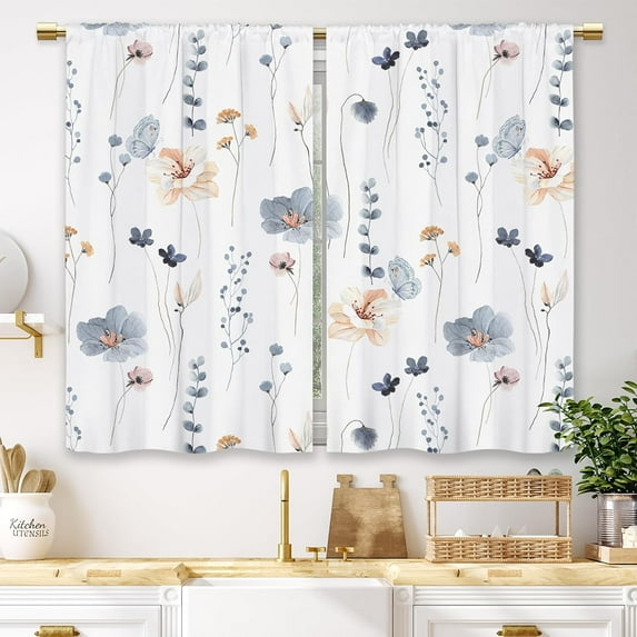 Blue Floral Kitchen Curtains Watercolor Flower Wildflower Boho Small Short Cafe Window Curtains Farmhouse Rustic Leaf Botanical Rod Pocket Bathroom Tier Window Treatment Drapes (26x24 Inch)