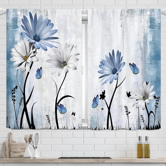 Blue Floral Kitchen Curtains White Flower Small Window Curtains Rustic Farmhouse Curtains for Kitchen Country Bathroom Curtains Window Treatment Drapes 27.5x39 Inch 2 Panels