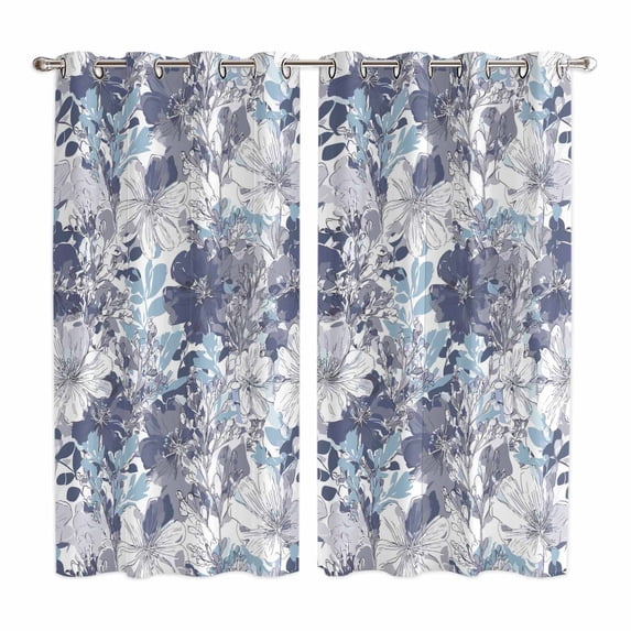 Blue Floral Kitchen Curtains Window Panels, Spring Botanical Flowers Leaves Vintage Insulated Window Treatment Curtain, Grommet Curtains for Bedroom/Living Room/Bathroom, 2 Piece 42"Wx63"L