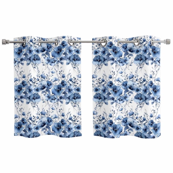 Blue Floral Kitchen Curtains Window Panels, Vintage Farmhouse Garden Flower Leaves Insulated Window Treatment Curtain, Grommet Curtains for Bedroom/Living Room/Bathroom, 2 Piece 27.5"Wx39"L