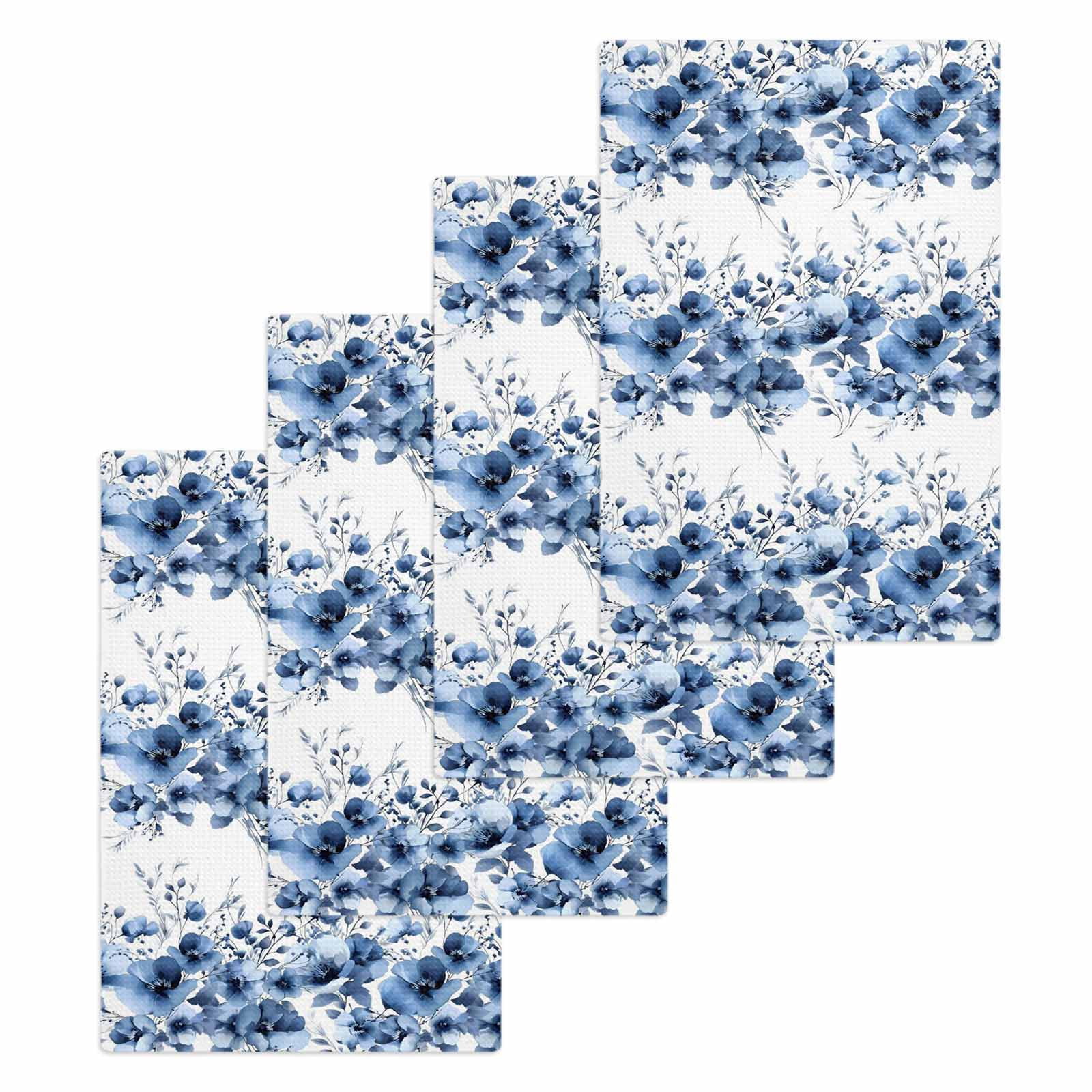 Blue Floral Kitchen Dish Towels for Drying Dishes Set of 4, Vintage Farmhouse Garden Flower Leaves Waffle Weave Microfiber Hand Tea Bathroom Towels Quick Dry & Absorbent Towel 15.7x23.6