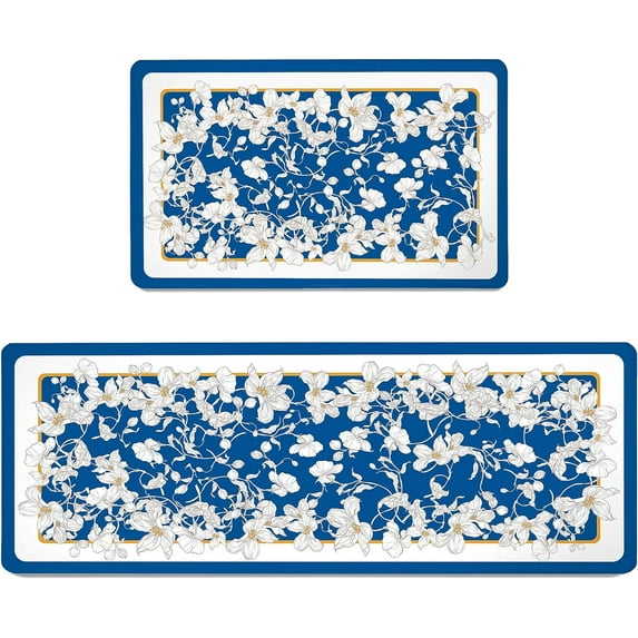 Blue Floral Kitchen Floor Mats Set of 2 Anti-Fatigue 0.4 Inch Thick Chic White Beauty Flower Kitchen Rugs Non Slip Waterproof Comfort Standing PVC Mat Decor for Sink Laundry 17.3 x 28+17.3 x 47 Inch