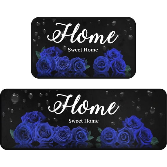 Blue Floral Kitchen Mat Set of 2, Blue and Black Kitchen Rugs Non-Skid Washable Kitchen Mats for Kitchen Sink Floor, Farmhouse Rose Kitchen Decor and Accessories Floral Kitchen Rug