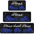 thumbnail image 1 of Blue Floral Kitchen Mat Set of 3, Blue and Black Kitchen Rugs Non-Skid Washable Kitchen Mats for Kitchen Sink Floor, Farmhouse Rose Kitchen Decor and Accessories Floral Kitchen Rug, 1 of 5