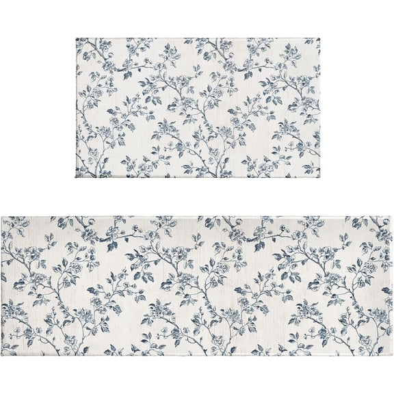 Blue Floral Kitchen Rugs 2 Pcs Blue and White Chinoiserie Flower Kitchen Mat Non Slip Comfort Standing Mat Rug for Kitchen Sink Laundry Bedroom Bathroom, Dusty Blue