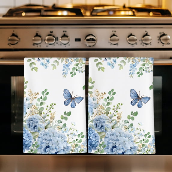 Blue Floral Kitchen Towels Set of 1, Spring Hydrangeas Flower Leaves Butterfly Green Absorbent Dish Towels for Kitchen, Microfiber Hand Towel, Quick Drying Tea Towel for Cleaning Dishcloths