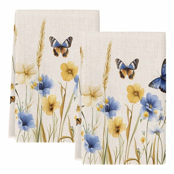 Blue Floral Kitchen Towels Set of 2, Yellow Flower Butterflies Country ...