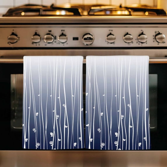 Blue Floral Kitchen Towels Set of 4, Gradient Stripe Garden Plant Branch Texture Absorbent Dish Towels for Kitchen, Microfiber Hand Towel, Quick Drying Tea Towel for Cleaning Decorative Dishcloths