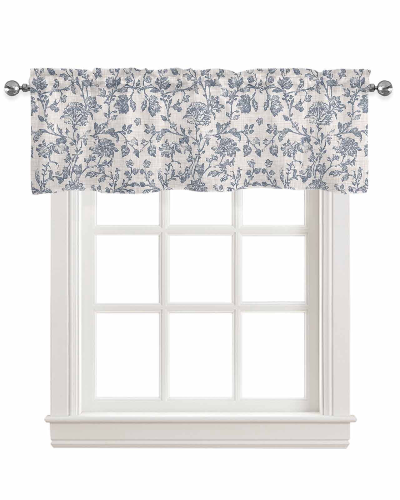 Blue Floral Kitchen Valances for Windows Farmhouse Linen Window Valance Curtain for Living Room Window Treatment Farmhouse Vintage Flower Leaf Botanical Valance Rod Pocket Topper Drape, 42 x 12 Inch