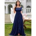thumbnail image 1 of Blue Floral Lace Boat Neck Chiffon Maxi Dress With Ruffle High-Low Hem, 1 of 29