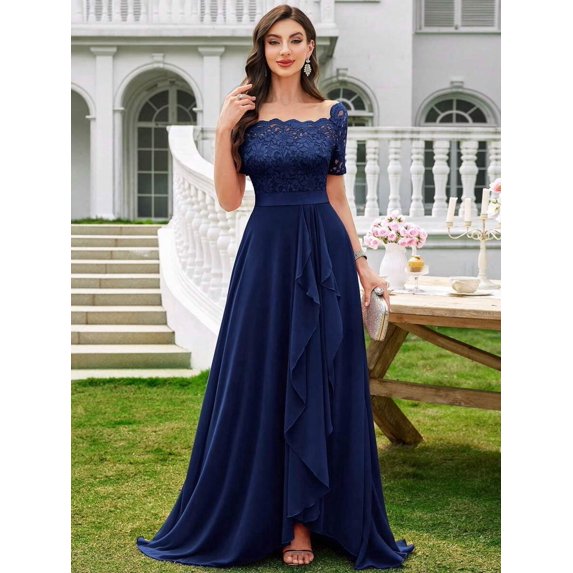Blue Floral Lace Boat Neck Chiffon Maxi Dress With Ruffle High-Low Hem