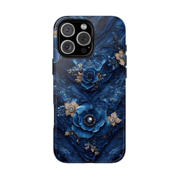 Blue Floral Lace Chevron Pattern Case for iPhone 11-17 Pro Max