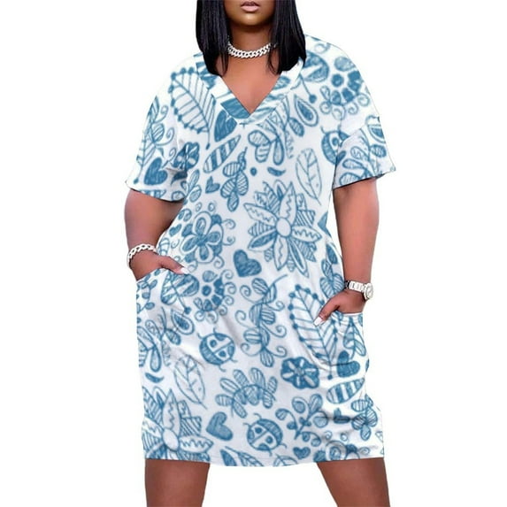 Blue Floral Ladybug Doodle Pattern Summer Dresses for Women Beach Boho