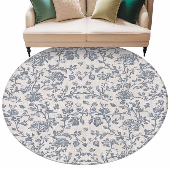 Blue Floral Large Area Rugs for Bedroom Living Room, Soft Non Slip Carpet Bedside Rug, Farmhouse Vintage Flower Leaf Botanical Round Floor Cover Kitchen Accent Rug 6' for Dining Room/Office