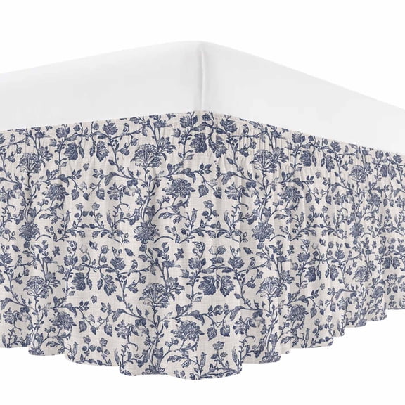 Blue Floral Leaf Bed Skirt Queen Size, Retro Farmhouse Plant Tree Branch Wrap Around Bed Skirting with Adjustable Elastic Strap, Dust Ruffle Pleated Bedskirts 16 Inch Drop for Bedroom Queen Beds