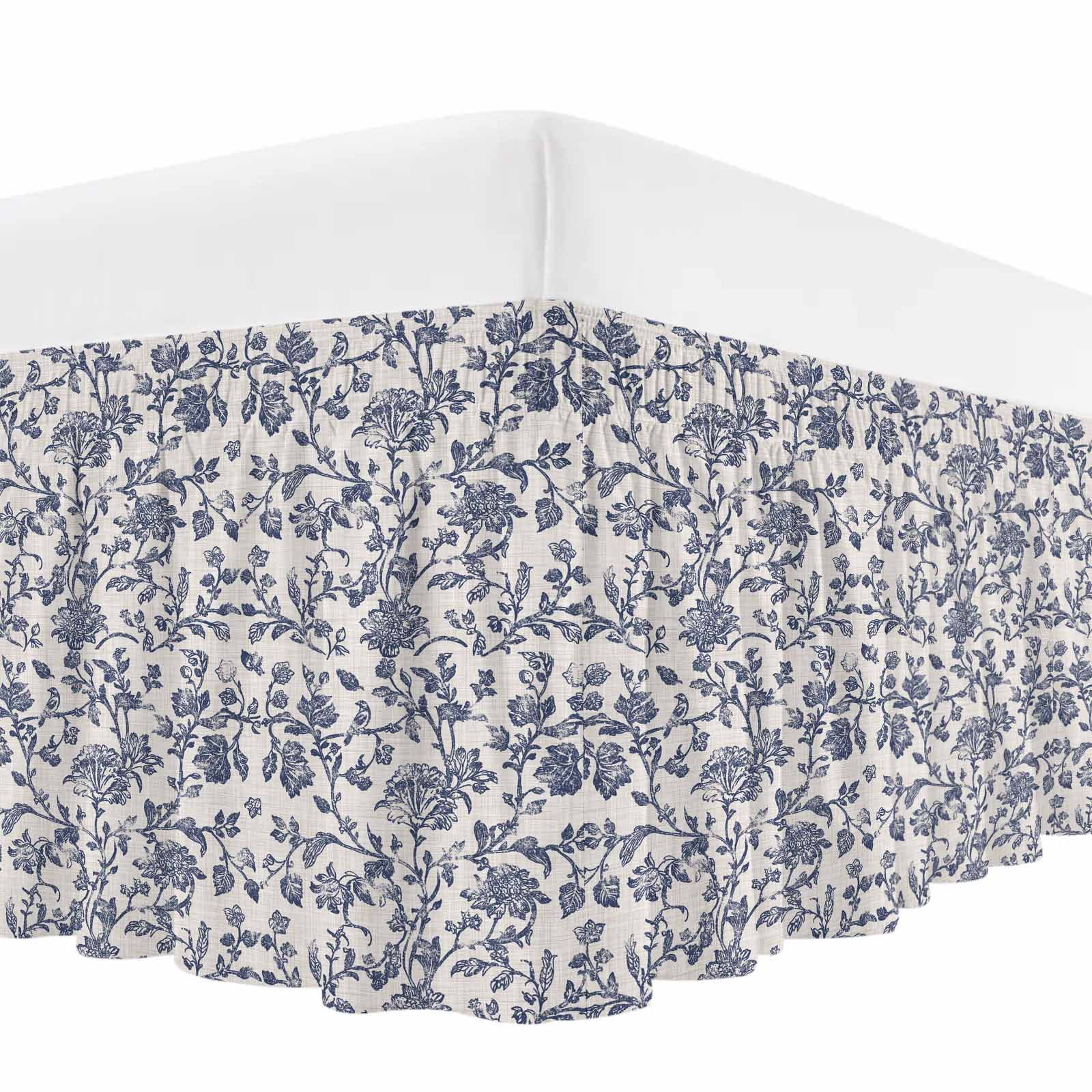 Blue Floral Leaf Bed Skirt Queen Size, Retro Farmhouse Plant Tree Branch Wrap Around Bed Skirting with Adjustable Elastic Strap, Dust Ruffle Pleated Bedskirts 18 Inch Drop for Bedroom Queen Beds