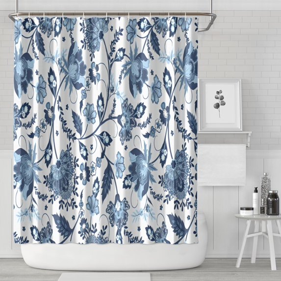 Blue Floral Leaf Pattern Shower Curtain 72"x84" ,Bathroom Decorative Shower Curtains Set with 12 Hooks,Modern Waterproof Washable Shower Curtain