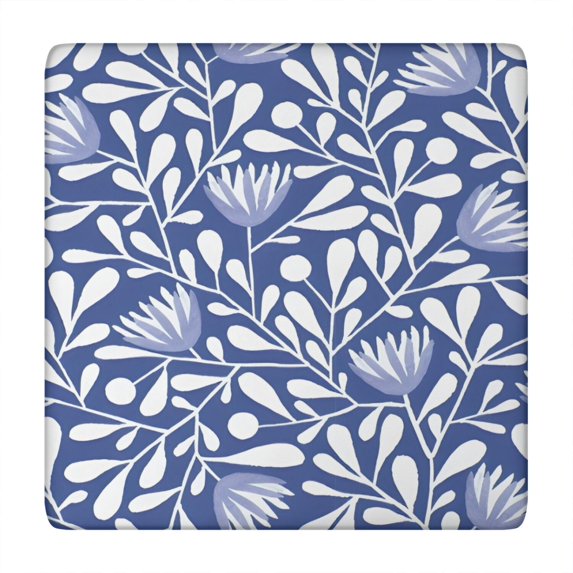 Blue Floral and Leaf Pattern Square Fitted Tablecloth with Elastic Edge,Square Table Cover,Washable Elastic Table Cover for Home Kitchen Party Decor 34"x34"