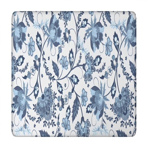 Blue Floral Leaf Pattern Square Fitted Tablecloth with Elastic Edge,Square Table Cover,Washable Elastic Table Cover for Home Kitchen Party Decor 34"x34"