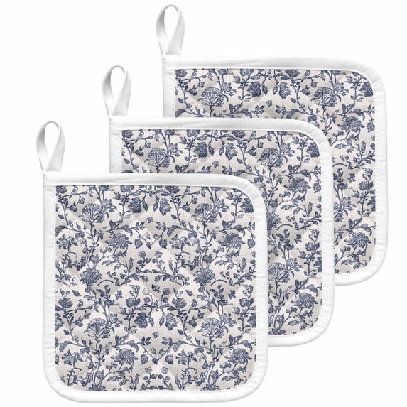 Blue Floral Leaf Pot Holders for Kitchen Heatproof Potholder, 3 Pack Retro Farmhouse Plant Tree Branch Hot Pads Multipurpose Oven Pads Cloth Potholders Trivet for Cooking Baking