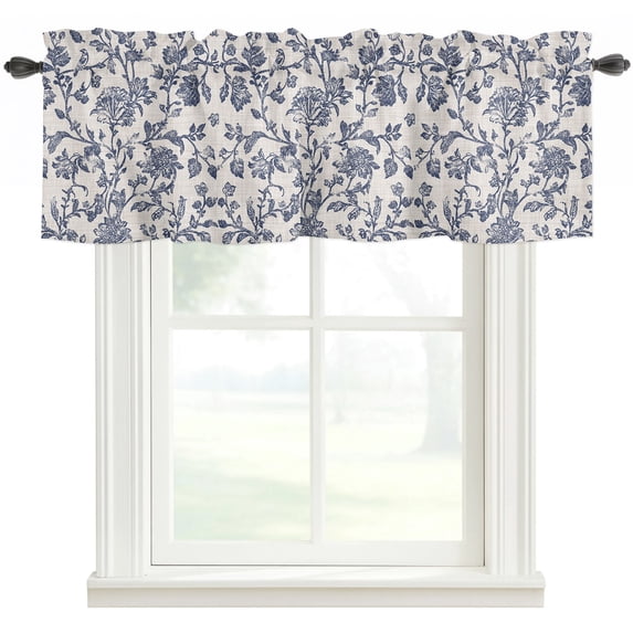 Blue Floral Leaf Rod Pocket Curtain Valance, Retro Farmhouse Plant Tree Branch Farmhouse Window Valance for Living Room, Bedroom, Kitchen 42"W x 12"L