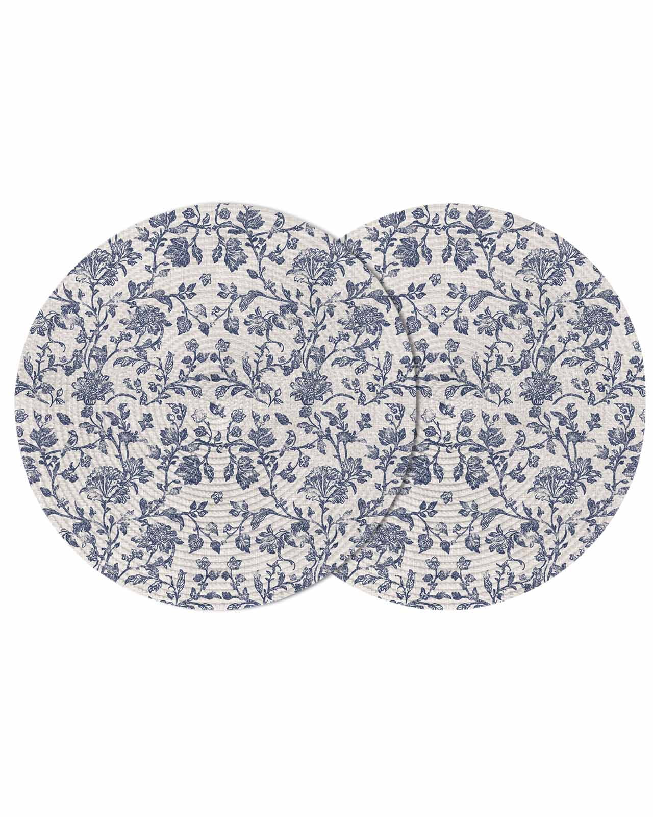Blue Floral Leaf Round 13 Inch Placemats Set of 2, Retro Farmhouse ...