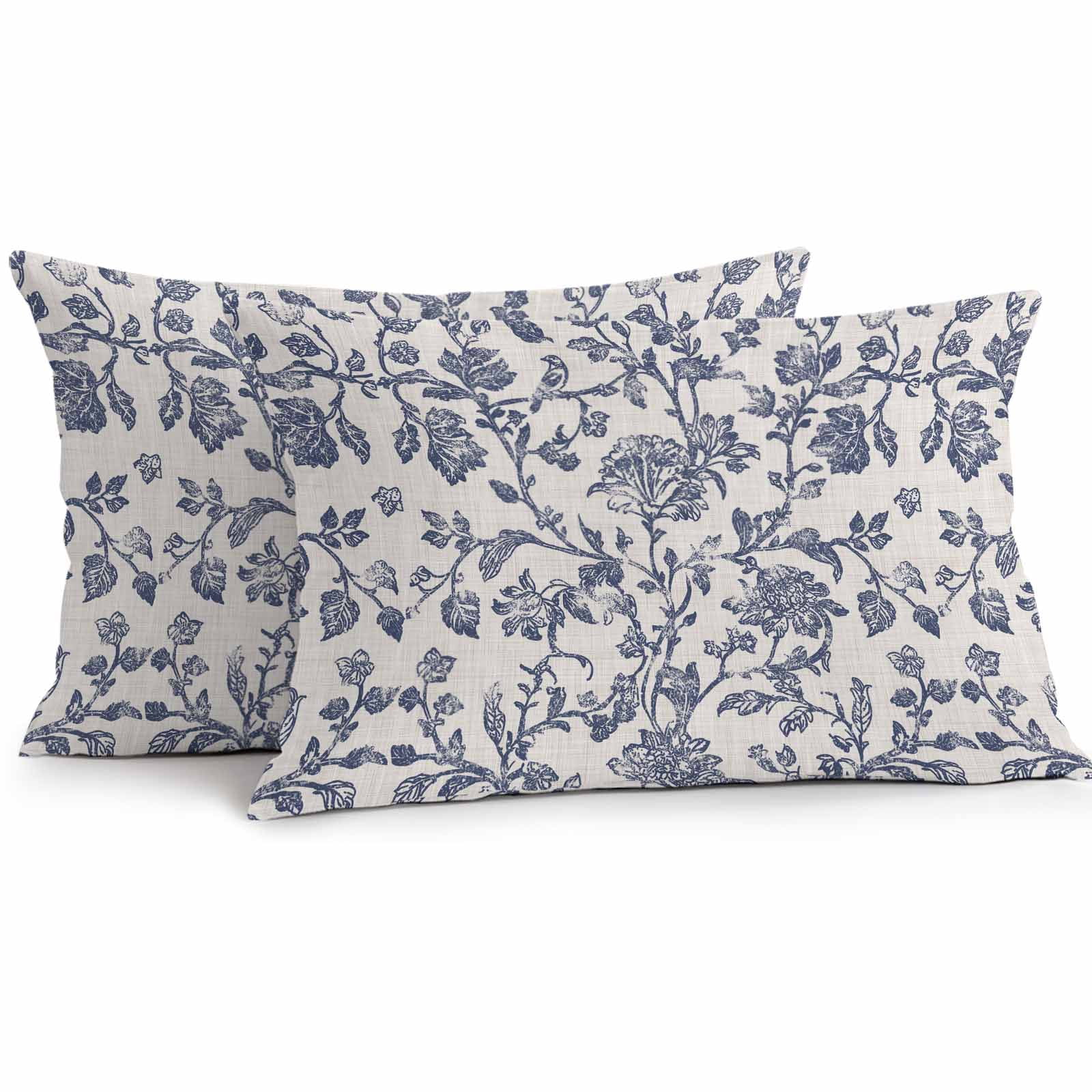Blue Floral Leaf Waterproof Outdoor Throw Pillow Covers 12''x20'' Pack 2, Pillow Cases Throw Cushion Cover with Zipper, Retro Farmhouse Plant Tree Branch Washable Pillowcase for Poolside Sofa