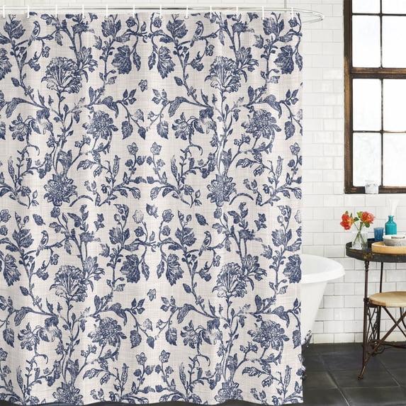 Blue Floral Leaf Waterproof Shower Curtain, Large 72"x84" Washable Polyester Fabric Shower Curtains for Bathroom, Retro Farmhouse Plant Tree Branch Decorative Bathtub Curtain Sets with Hooks