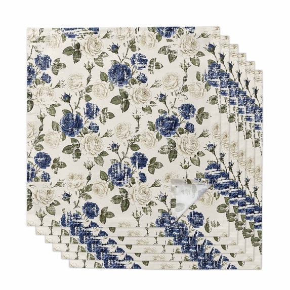 Blue Floral Leaves Cloth Napkins, Farmhouse Abstract Art Flowers Washable and Reusable Dinner Napkins Set of 6, Table Napkin for Kitchen Party Birthday Wedding Hotel Housewarming 20"x20"