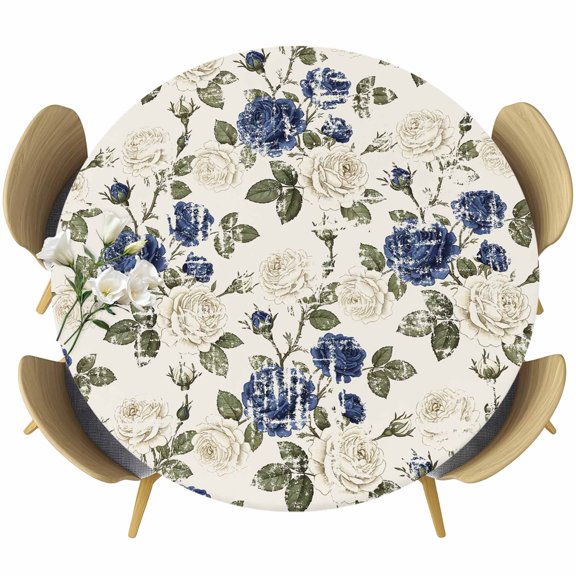 Blue Floral Leaves Round Tablecloth 36-44 Inch Round Fitted Table Cloth with Elastic Edge, Farmhouse Abstract Art Flowers Waterproof Table Cover Protector for Outdoor Picnic Party Dining