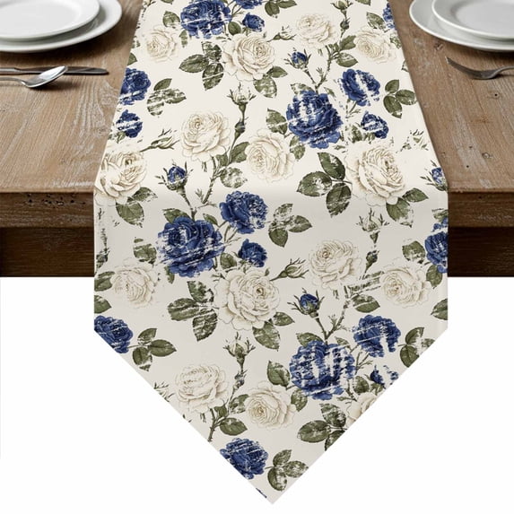 Blue Floral Leaves Table Runner Linen Burlap Table Runner 72 Inches Long Farmhouse Abstract Art Flowers Dresser Scarves for Kitchen Island Coffee Dining Room Party Wedding Holiday Decor 18"x72"