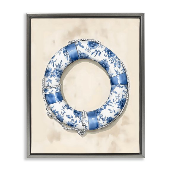 Stupell Industries Blue Floral Life Preserver Gray Framed Floater Canvas Wall Art, design by Arlington Prints, 31 x 25