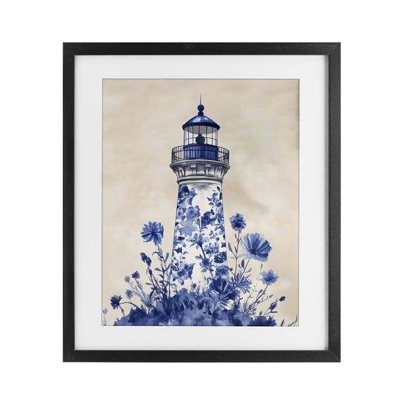 Stupell Industries Blue Floral Lighthouse Black Framed Print Under Glass, design by Arlington Prints, 16 x 13