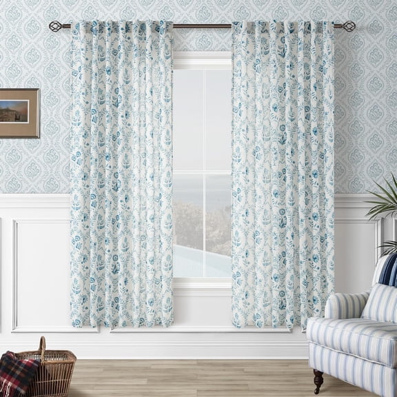 Blue Floral Linen Curtains 72 Inch Length 2 Panels Set Patterned Semi Sheer Curtains Living Room Bedroom Back Tab Rod Pocket Modern Farmhouse Boho Cottage Core Cabin Window Drapes 72 Inches Long
