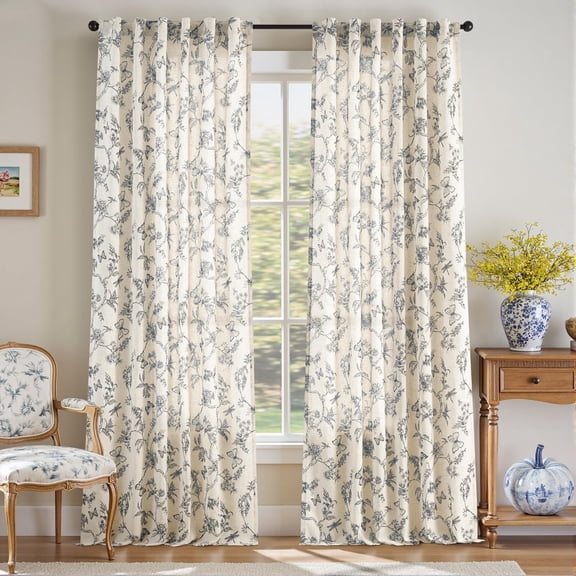 Blue Floral Linen Farmhouse Curtains 96 Inches Long Back Tab Drapes for Living Room Bedroom Light Filtering Country Vintage Rod Pocket Curtains,2 Panels, Blue on Beige