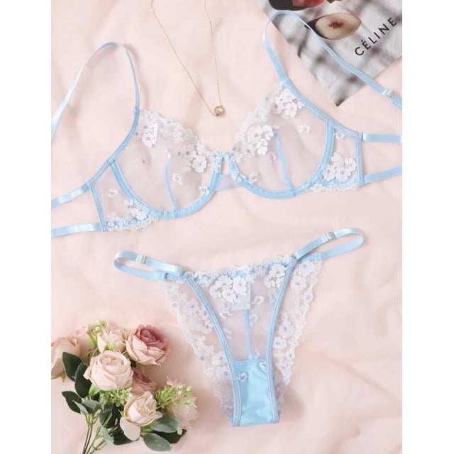 Blue Floral Lace Bralette Lingerie Set - Rosie