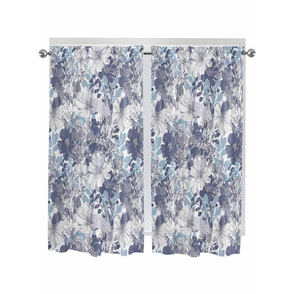 Blue Floral Living Room Curtains 2 Panel, Spring Botanical Flowers Leaves Vintage Cafe Window Treatment, Extra Long Farmhouse Bedroom Bathroom Kitchen Curtains Drapes 104"x72"