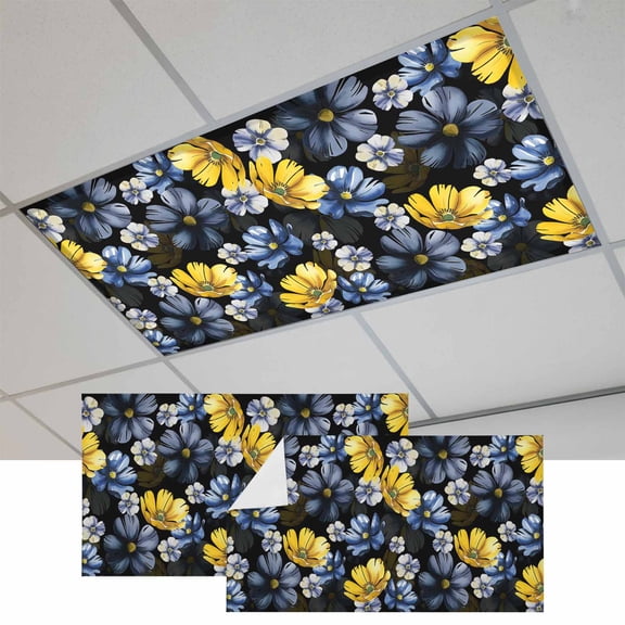 Blue Floral Magnetic Fluorescent Light Covers for Ceiling Lights 2x4 Feet, Vintage Yellow Garden Blossom Flower Office Classroom Kitchen Drop Ceiling Light Covers Lighting Filters Shade Panel 2 Packs