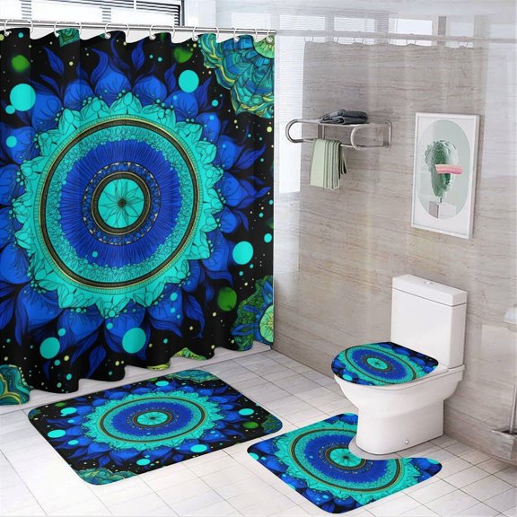 Blue Floral Mandala Art Shower Curtain Set Modern Bathroom Decor Mats 4pcs Fabric Bathroom Curtain Slip Floor Rug Toilet Lid