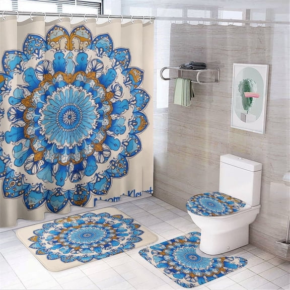 Blue Floral Mandala Artwork Shower Curtain Sets Non-Slip Rugs Bath Mat Toilet Cover U Shaped Mat 4 Pcs