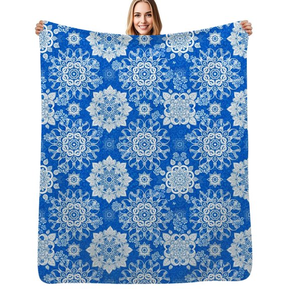 Blue Floral Mandala Pattern Soft Blanket Travel Bedding Throws Flannel Bedspread Sofa Bed Cover